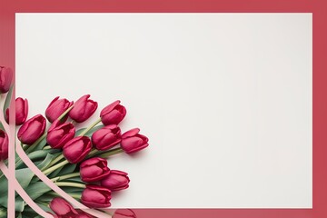 Bouquet of spring red tulips on white paper background