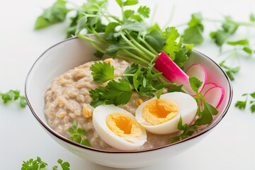 Breakfast oatmeal porridge with boiled eggs, radish and green herbs