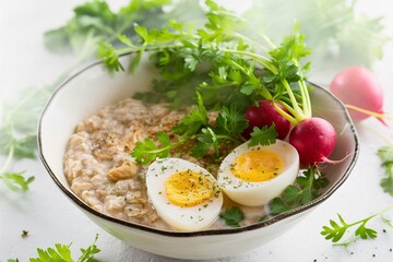 Breakfast oatmeal porridge with boiled eggs, radish and green herbs