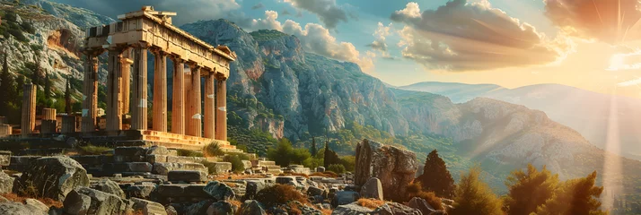 Fototapeten Ancient temple in Greece, view of Greek ruins on mountain and sky background, landscape with old historical building, sun and rocks. Theme of antique, travel and culture © john