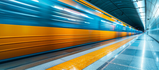 A train is moving through a tunnel with orange and blue stripes