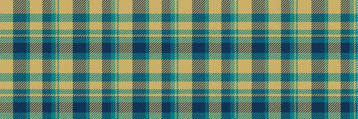Mens shirt fabric seamless background, line check tartan textile. Abstract texture vector pattern plaid in cyan and amber colors.