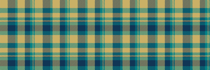 Mens shirt fabric seamless background, line check tartan textile. Abstract texture vector pattern plaid in cyan and amber colors.