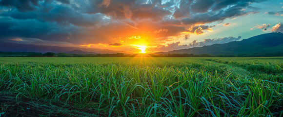 A field of green grass with a beautiful sunset in the background