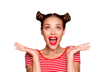So excited and positive girl isolated on red background loud laughs raising her head and hands up. Concept of advertising, sale and discount isolated on red background