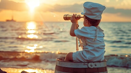 a little boy in a sailor suit sits on a barrel at the beach, gazing through a telescope towards the vast expanse of the sea, with a backdrop of crashing waves and endless horizons. - obrazy, fototapety, plakaty