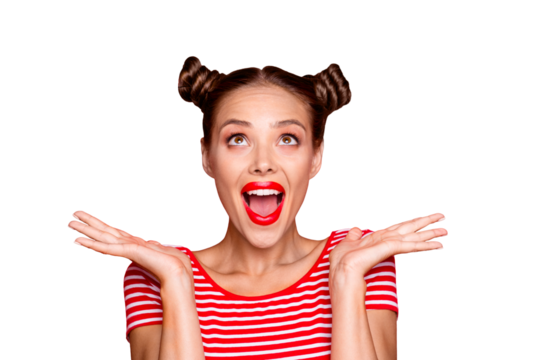 So excited and positive girl isolated on red background loud laughs raising her head and hands up. Concept of advertising, sale and discount isolated on red background