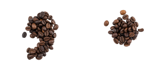 Point and comma marks made with coffee beans isolated on transparent background.