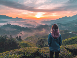 Viewpoint on the top of cameron highland, tea valley and sunrise - AI - obrazy, fototapety, plakaty