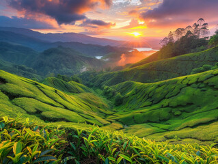 Viewpoint on the top of cameron highland, tea valley and sunrise - AI