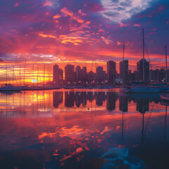 Mesmerizing Twilight Serenity: Coastal Cityscape Under a Spectacular Sunset