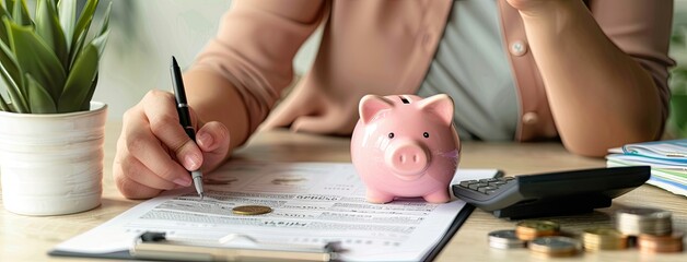 a businesswoman's hand delicately inserting a small coin into a pink piggy bank on a home desk, reflecting her private financial decisions and focused study of investment concepts.