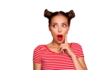 OMG! Close up face of shocked astonished girl with modern hairdo having wide open mouth and brown eyes looking at camera and to touch her cheek by finger isolated on red background with copyspace