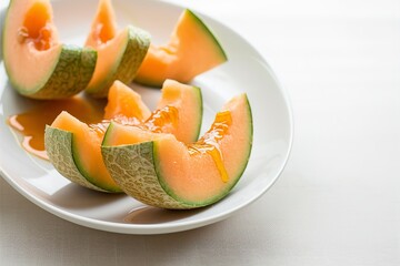 Ripe fresh cantaloupe slices on white plate