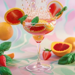 Strawberry, orange and basil sparkling punch, spring cocktail