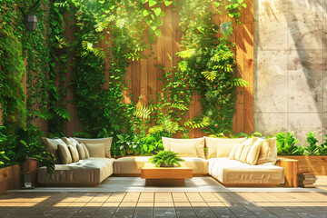 Fototapeta na wymiar Sunlit Living Space with Verdant Green Walls