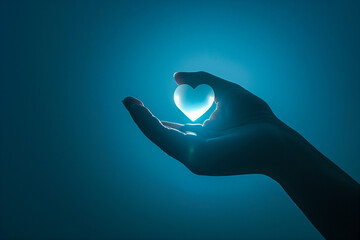 Silhouette of a physician's hand holding a heart-shaped symbol, illuminated with a soft glow against a serene blue backdrop.