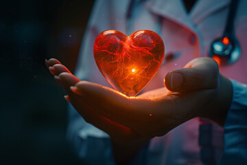 doctor's hand delicately balancing a luminous red heart, illustrating the delicate balance between science and compassion in medicine.