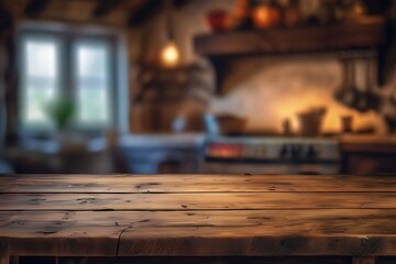 A blurred contemporary kitchen interior with light wood cabinets and a counter