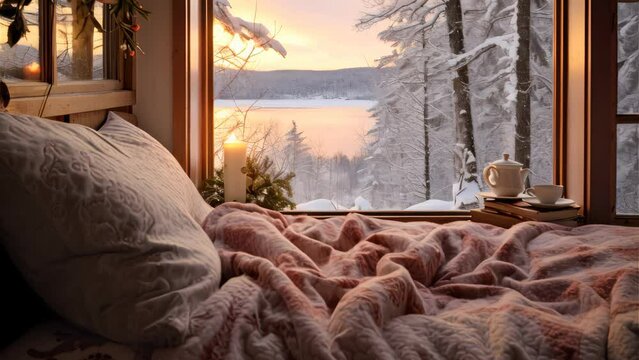 Beautiful warm and cozy bedroom with window with snow in winter season.