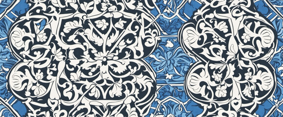 Bright blue white traditional motif tiles texture background banner - Vintage retro graphic