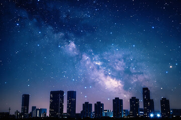 Starry Urban Nightscape: City Skyline with Stars in the Night Sky, A Fusion of Nighttime Serenity...