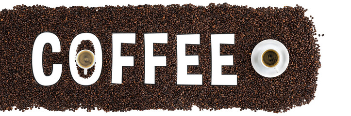 Mockup of coffee beans in form of the word COFFEE and cup of espresso, top view.
