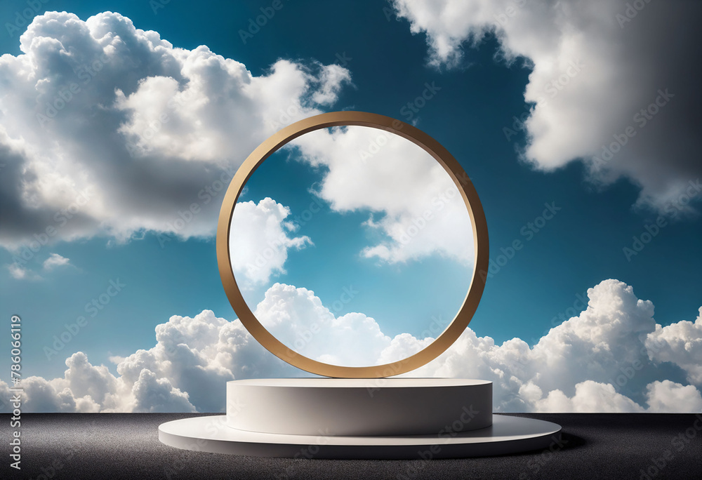 Poster Simple round podium for product display with clouds background
