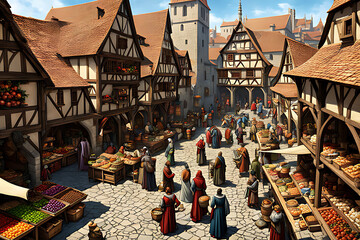A bustling market in a medieval fantasy town.