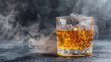 Elegant whiskey glass with ice cubes on dark blurred background, copy space available