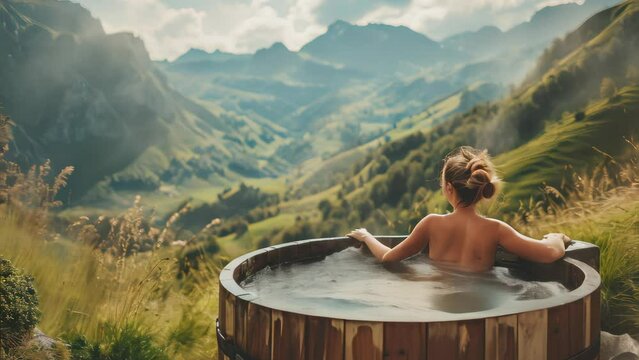 Young woman relaxing at hot tub in ocean background.