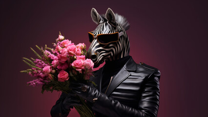 Anthropomorphic hyperrealistic cyberpunk zebra male character wearing black leather jacket holding bouquet of pink flowers on minimal dark background. Modern pop art illustration