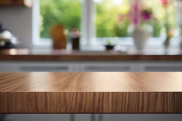 A blurred contemporary kitchen interior with light wood cabinets and a counter