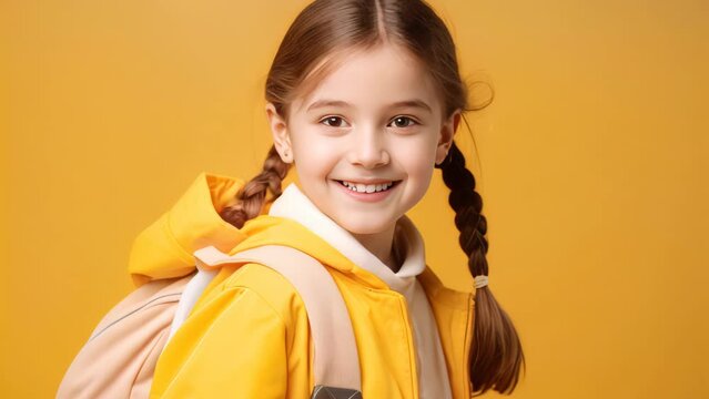 Funny kid with school backpack on color background.