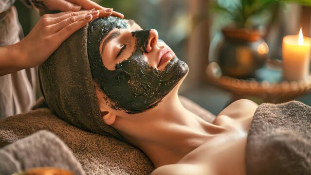 Woman customer indulges in rejuvenating with charcoal face cream massage in spa.
