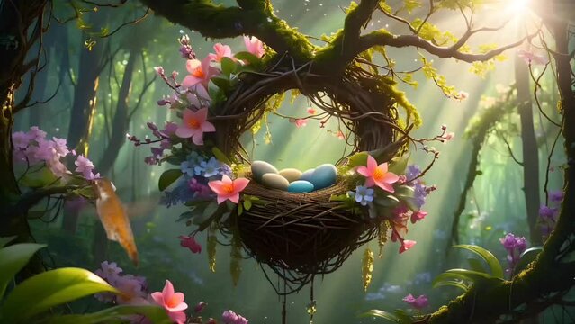 Hummingbird with eggs on nest in the forest. Seamless looping time-lapse 4k video animation background