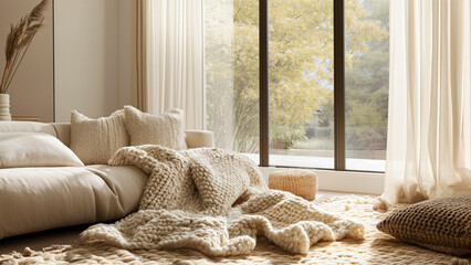 A cozy corner with a plush sofa chunky knit pillows and dried flowers in a sunlit room in soft...