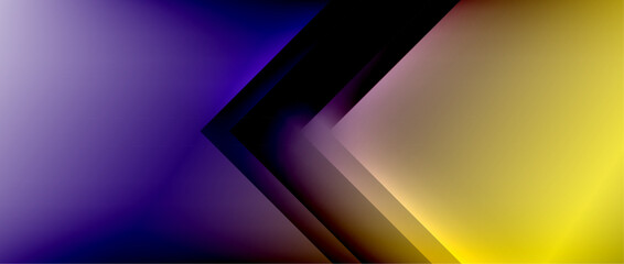 A vibrant abstract background blends shades of purple, electric blue, and magenta with contrasting yellow and black arrows creating an intriguing pattern in darkness