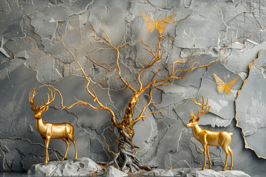 3D Illustration oil painting, grey texture wall background , dead tree with golden butterfly , two golden deer statue