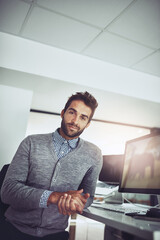 Fototapeta premium Businessman, computer and relax at desk in office for retail, email and online communication. Portrait, male person and technology in workplace for internet, telemarketing and consulting agent.