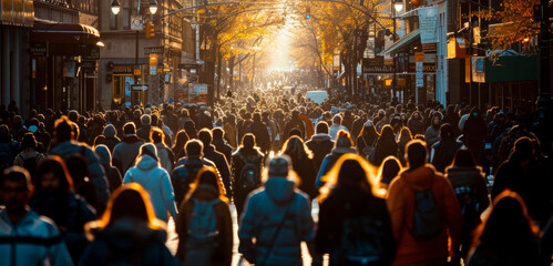 Obraz premium A busy city street with a large crowd of people walking down it