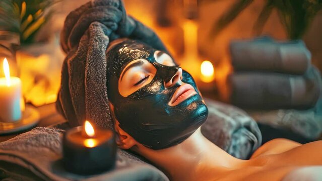 Woman customer indulges in rejuvenating with charcoal face cream massage in spa.
