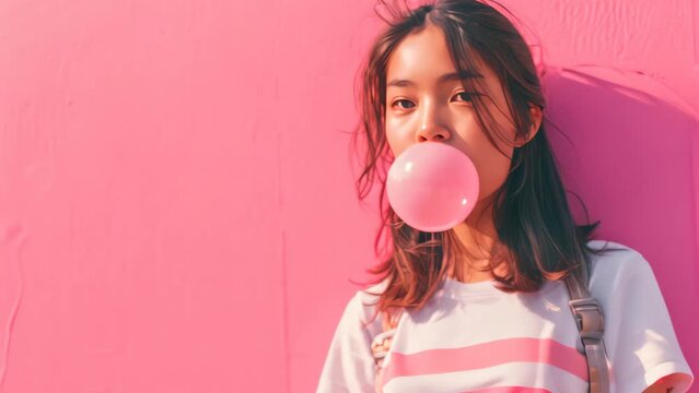 Trendy Young teen with skateboard look blowing bubble gum on pink background.