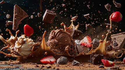 Chocolate, strawberry Ice Cream Explosions dark background - obrazy, fototapety, plakaty