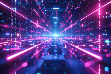 3D Render Abstract Sci Fi neon background, network, connections, computer and technology idea - obrazy, fototapety, plakaty