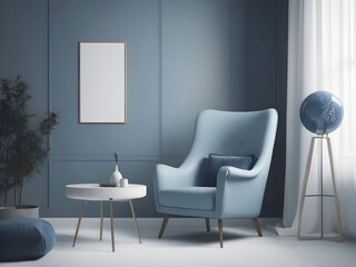 Living room with white blank wall white mockup. with pillow
Oxford Blue Armchair. Scandinavian modern interior design. 3D rendering