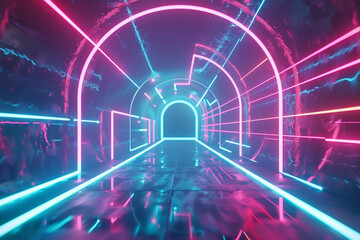 3d render, glowing lines, tunnel, neon lights, virtual reality, abstract background, square portal, arch, pink blue spectrum vibrant colors, laser show