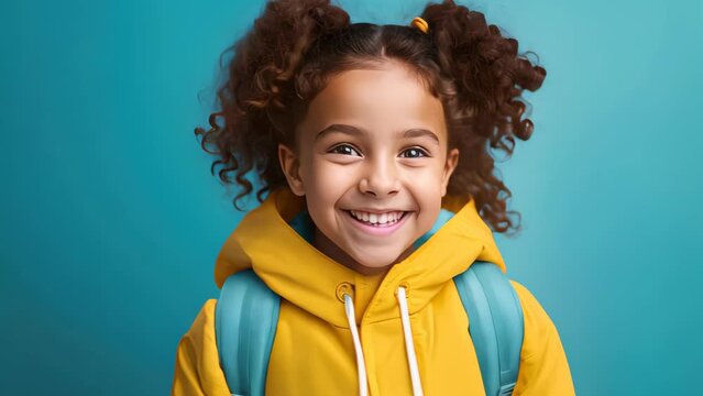 Funny kid with school backpack on color background.