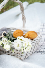 basket with bread and flowers
