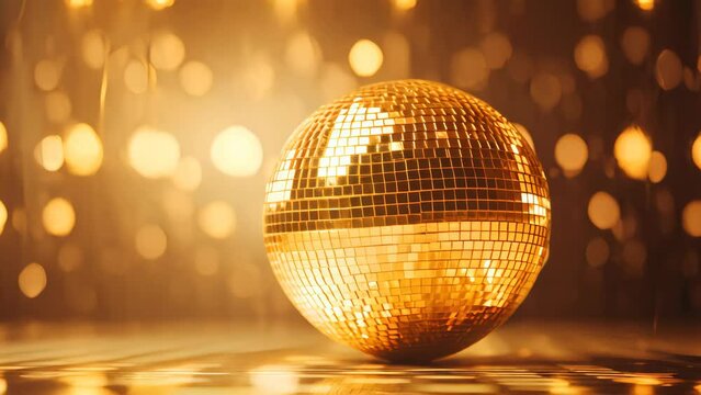Shiny disco ball gold and colorful with bokeh background.